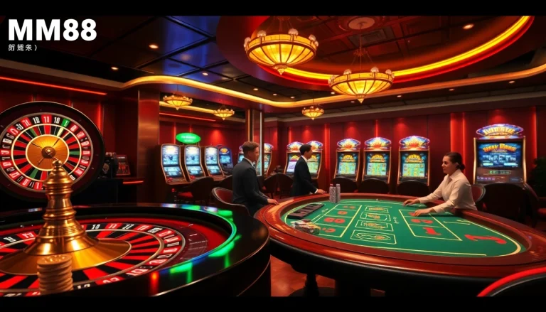 MM88 offers an exciting online casino experience with vibrant roulette wheels and poker chips.