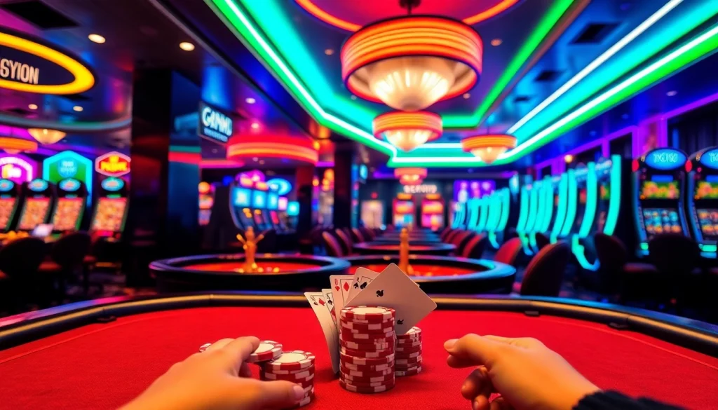 Players engaging in exciting poker games at Neo79 casino, surrounded by colorful chips and roulette wheels.