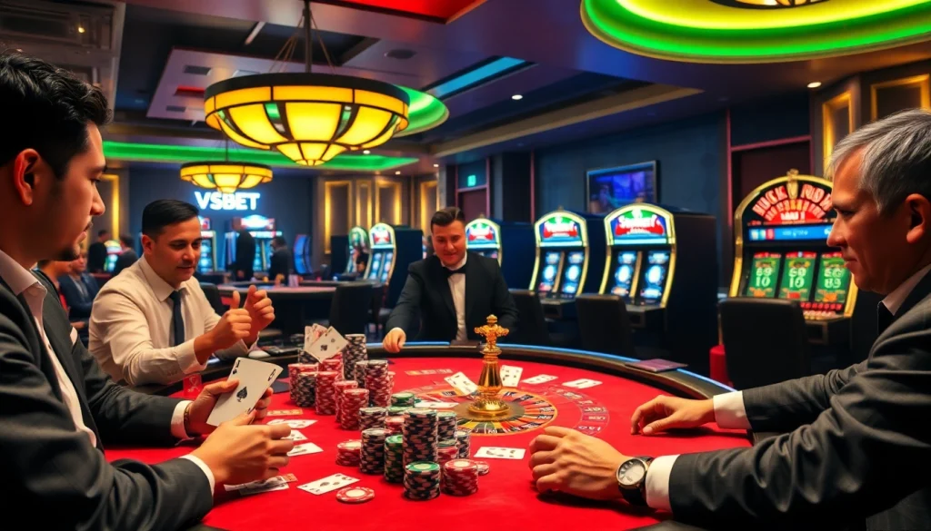 Intense poker action at Nhà cái VSBET with colorful chips and lively casino atmosphere.