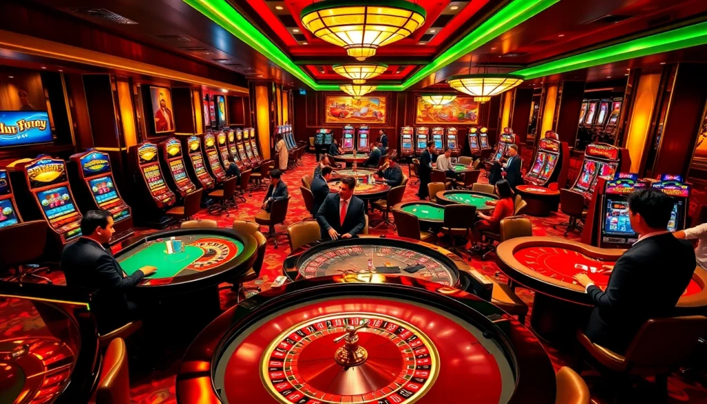 Players enjoying a thrilling experience at Nhà cái xx88 casino tables, featuring roulette and poker.