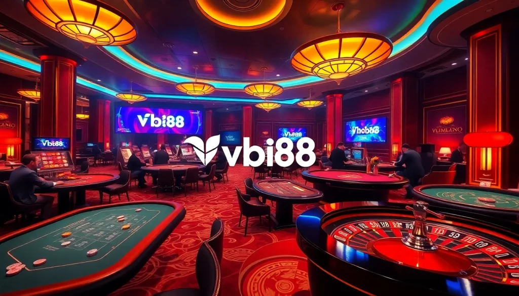 Vb88 casino scene with poker tables, roulette wheel, and vibrant gambling excitement.