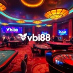 Vb88 casino scene with poker tables, roulette wheel, and vibrant gambling excitement.