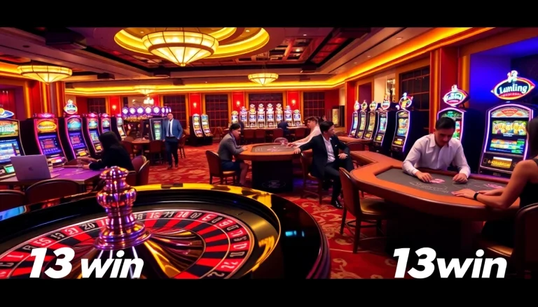 Players enjoying high-stakes games at 13win Casino's vibrant gaming floor.