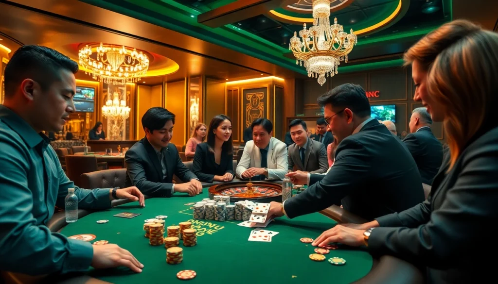 Players enjoying a high-stakes poker game at Liên minh quốc tế KJC casino, showcasing excitement and professionalism.