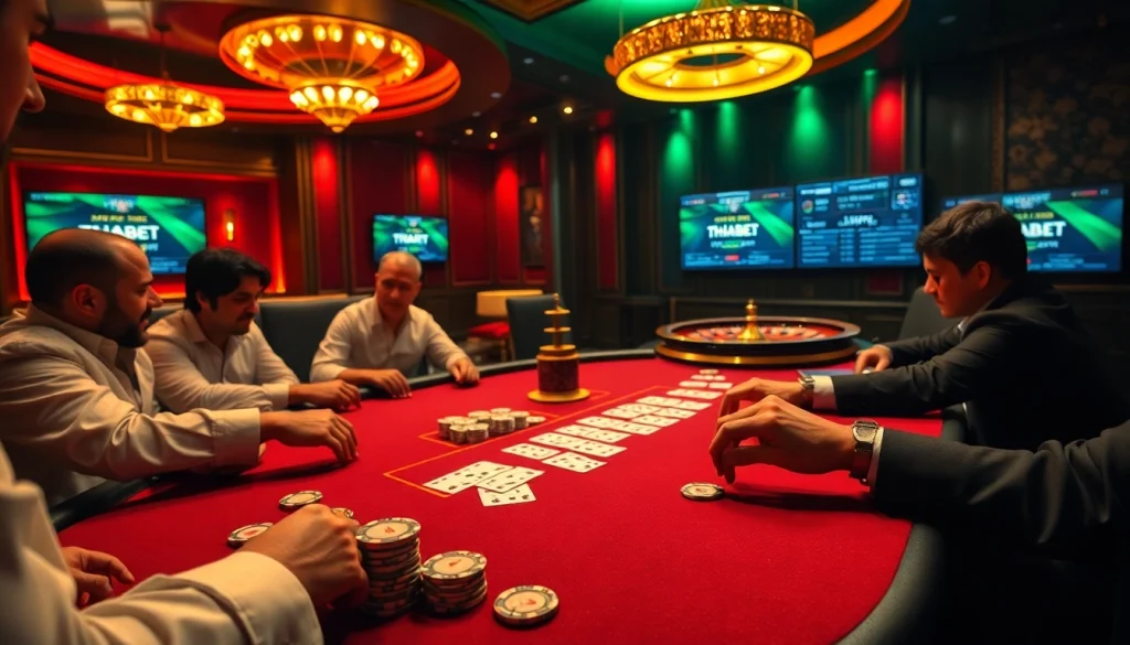 Players enjoying a thrilling game at the THABET casino with vibrant poker tables and betting interfaces.
