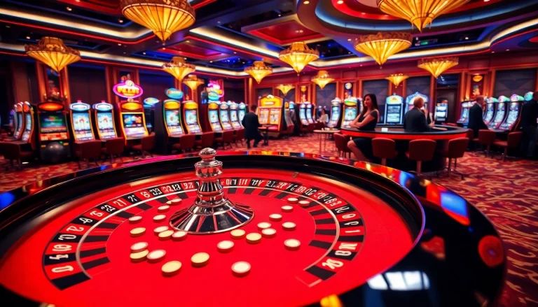 Experience the excitement of the red88 game at a luxurious casino with illuminated roulette tables and engaging live dealers.