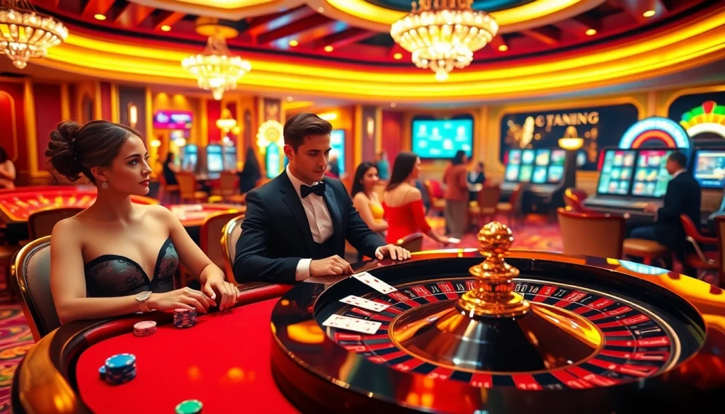 Engaged gamblers enjoying a lively atmosphere at the casino with https://1j88com.com/ playing roulette and slot machines.
