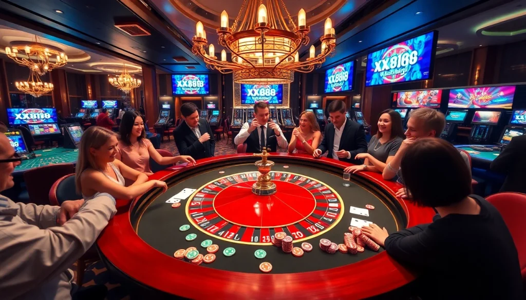 Experienced gamblers enjoy a thrilling game at the XX888 roulette table in a luxurious casino.