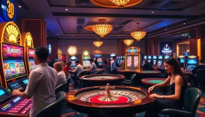 Players thrill at F88BET's casino tables, showcasing vibrant slot machines and an exciting gambling atmosphere.