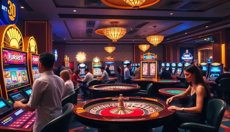 Players thrill at F88BET's casino tables, showcasing vibrant slot machines and an exciting gambling atmosphere.