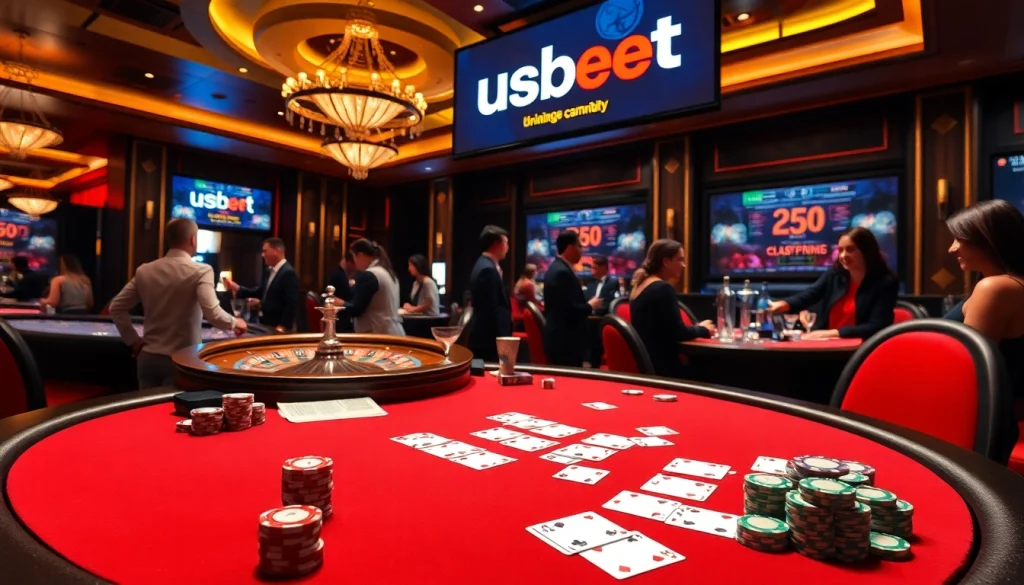 Experience the thrill of betting with USBet at an elegant casino table filled with chips and cards.