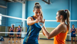 Volleyball thumb taping technique demonstrated by a female athlete in a gym setting.