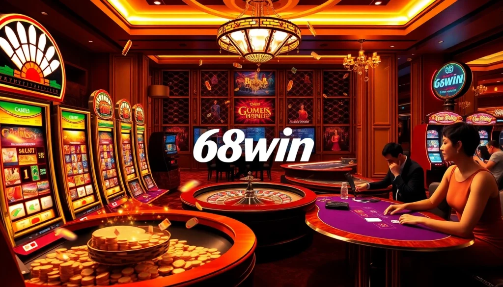 Exciting gameplay at 68win casino with vibrant machines, roulette, and poker tables.