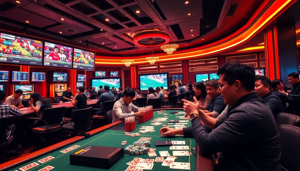 Bettors analyze Kèo Bóng Đá odds in an exciting casino sportsbook setting filled with energy.