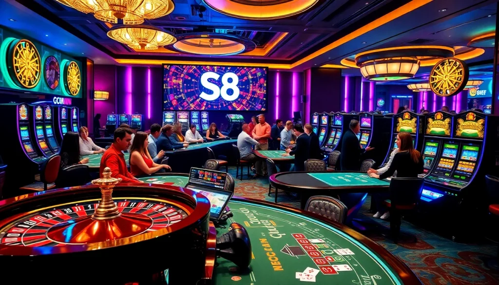 S8 casino scene showcasing excited players at a roulette wheel and slot machines.