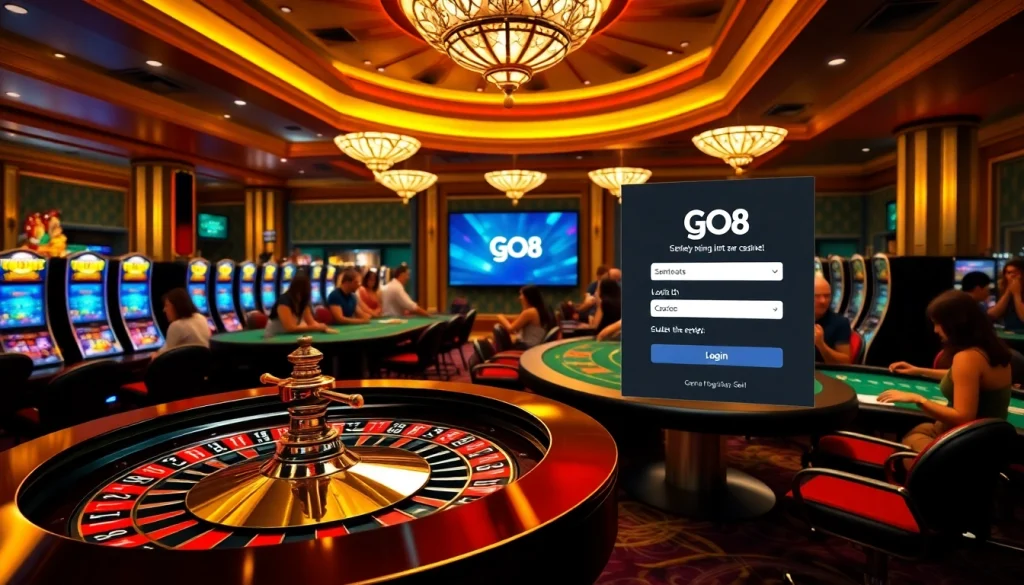 GO8 đăng nhập screen with players at a luxurious casino table, exciting gaming atmosphere.