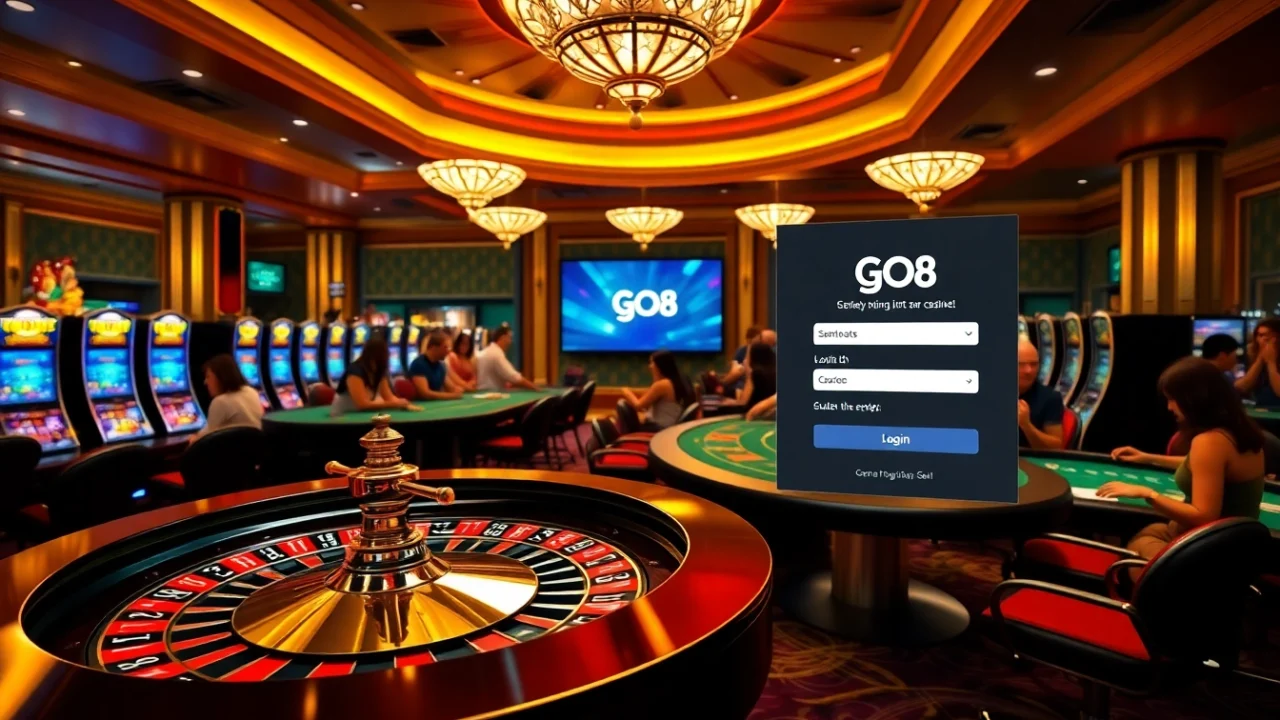 GO8 đăng nhập screen with players at a luxurious casino table, exciting gaming atmosphere.