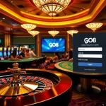 GO8 đăng nhập screen with players at a luxurious casino table, exciting gaming atmosphere.