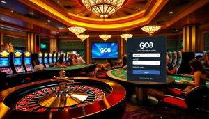 GO8 đăng nhập screen with players at a luxurious casino table, exciting gaming atmosphere.