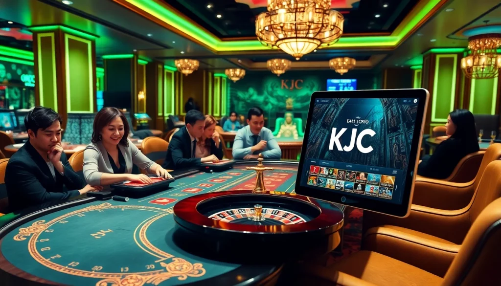 KJC gaming table scene with excited players engaged in poker and roulette, showcasing a luxurious atmosphere.