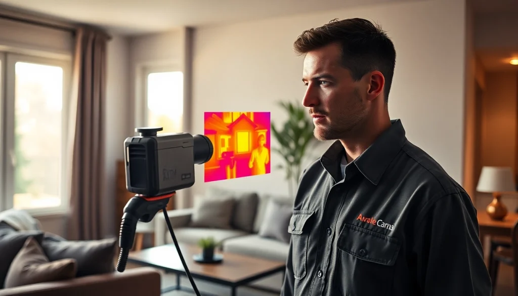 Power flush technician using thermal imaging for leak detection in a home