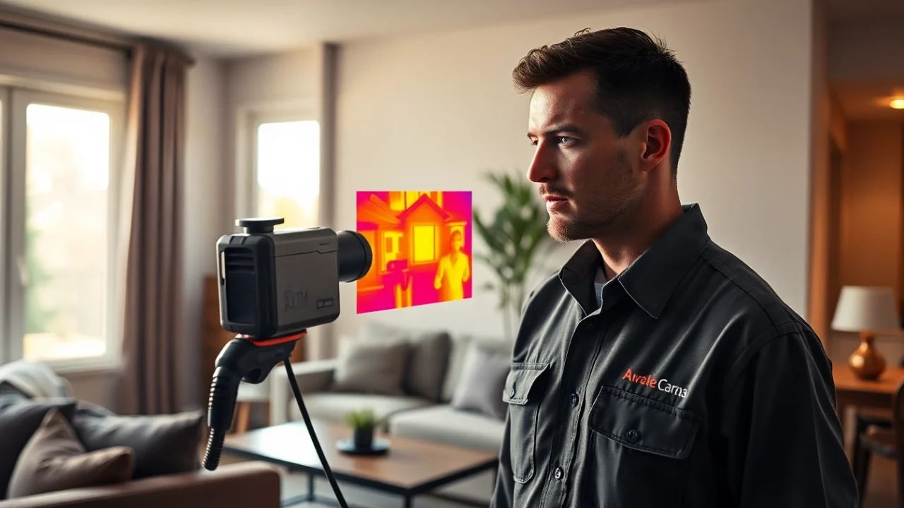 Power flush technician using thermal imaging for leak detection in a home