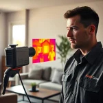 Power flush technician using thermal imaging for leak detection in a home