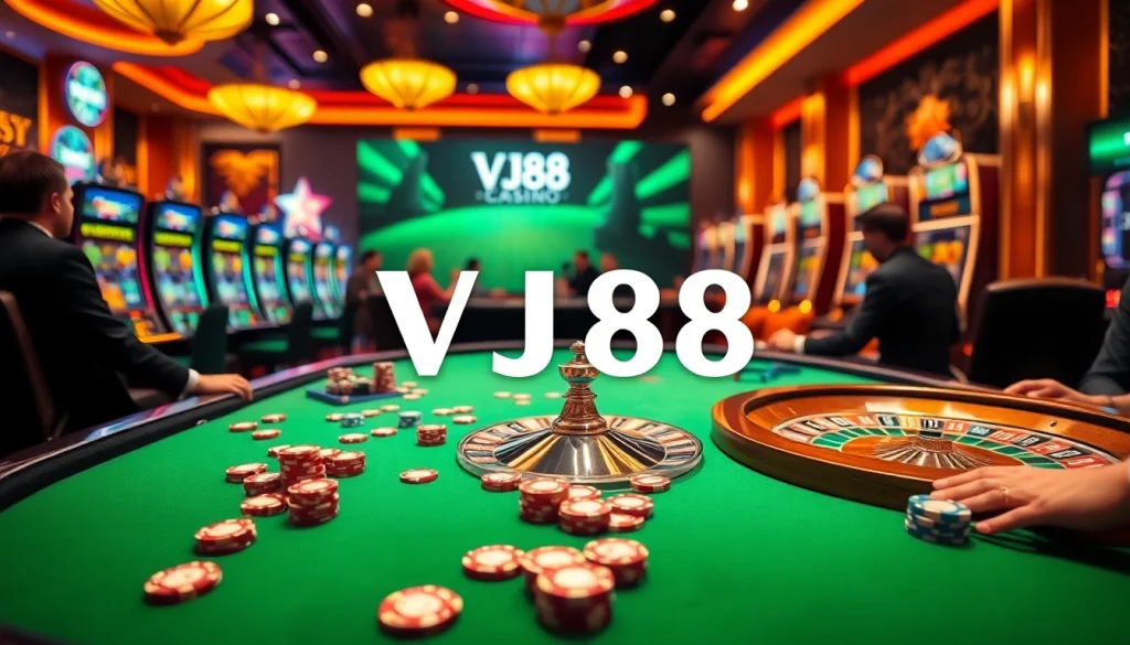 Experience the thrill at VJ88 casino with vibrant poker tables and stunning roulette wheels.