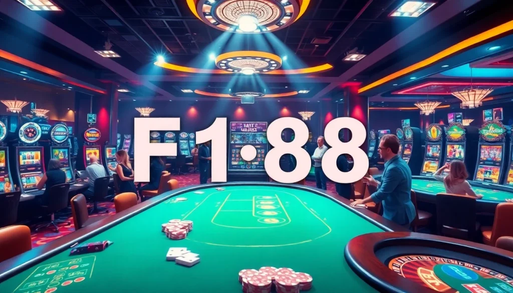 Experience high-stakes gaming at F168 with luxurious casino tables and vibrant action.
