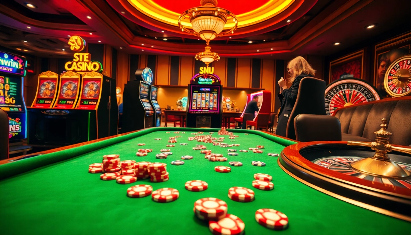 Sunwin gambling scene with players at a poker table surrounded by vibrant slot machines.