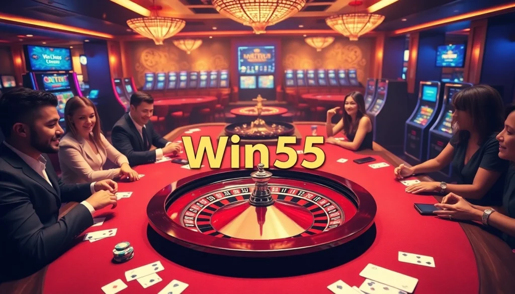 Win55 players engage at a luxurious casino, showcasing poker tables and a vibrant roulette wheel.