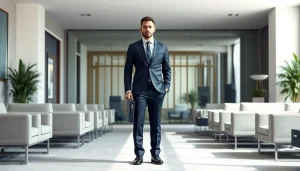 Hire bodyguard in a corporate setting exuding professionalism and vigilance.