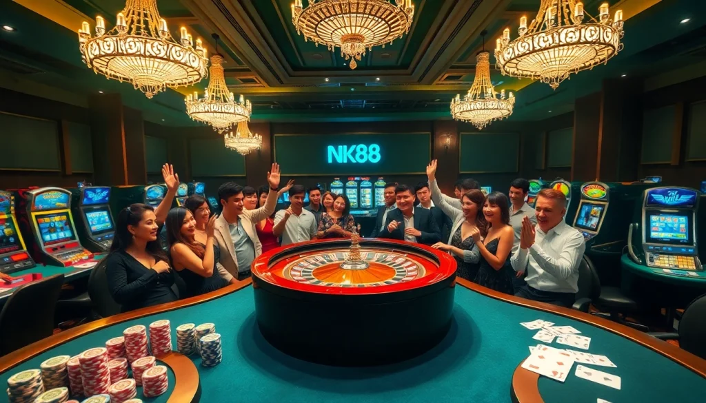 Engaged gamblers at a roulette table in a luxurious casino setting featuring nk88 elements.