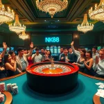 Engaged gamblers at a roulette table in a luxurious casino setting featuring nk88 elements.