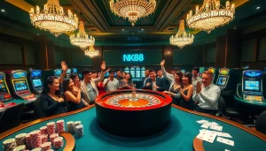 Engaged gamblers at a roulette table in a luxurious casino setting featuring nk88 elements.