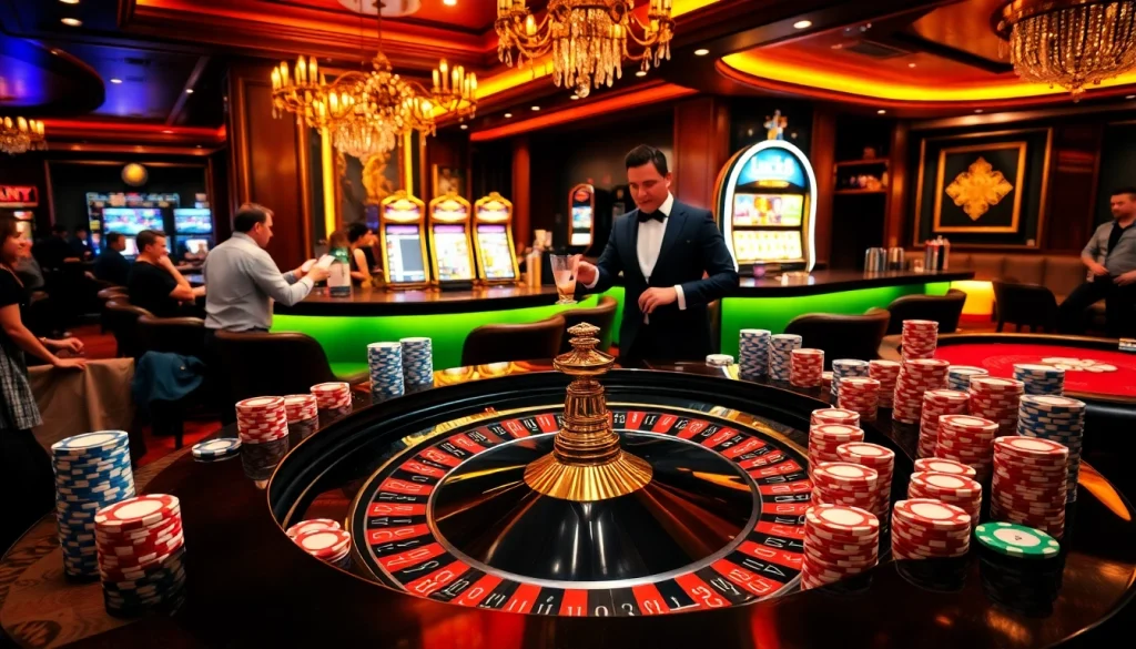 Exciting scene at Luck8 casino with roulette, poker chips, and flashing slot machines