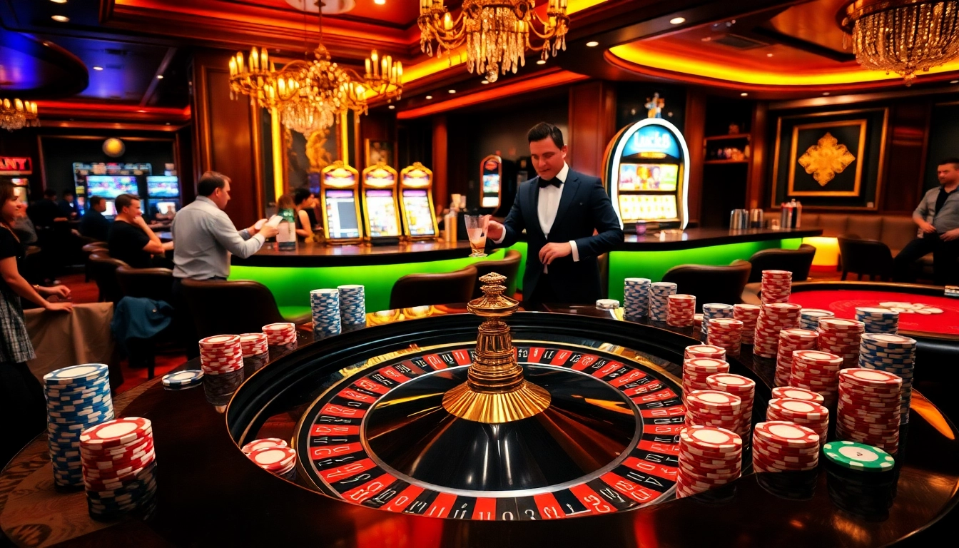 Exciting scene at Luck8 casino with roulette, poker chips, and flashing slot machines