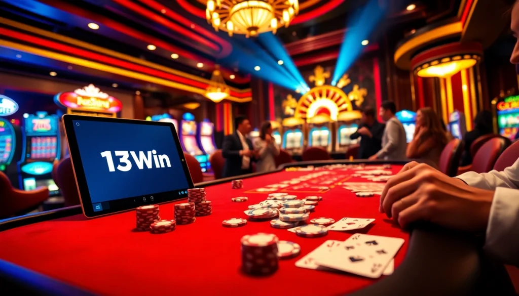 Experience the excitement of gaming at 13Win's lavish casino scene with poker tables and slot machines.