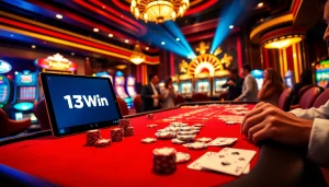 Experience the excitement of gaming at 13Win's lavish casino scene with poker tables and slot machines.