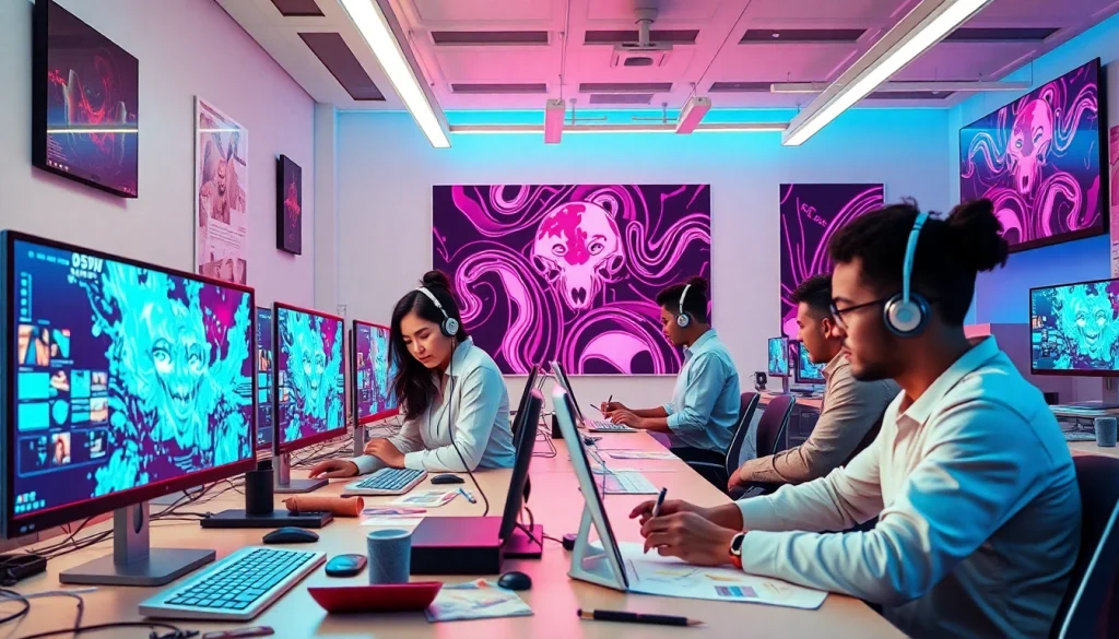 Futuristic digital art studio featuring diverse team using NSFW AI technology