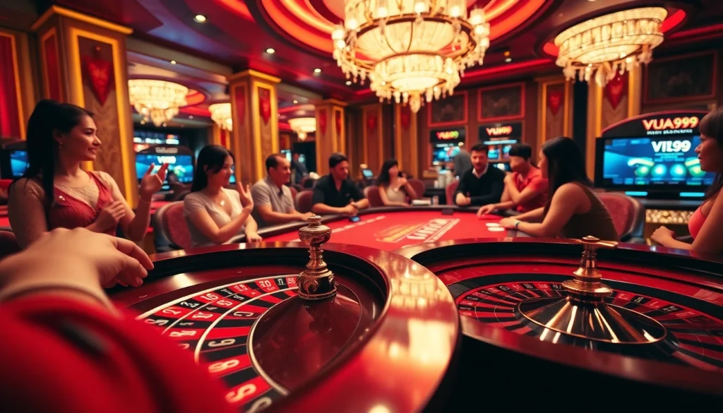 Experience thrilling gameplay with Vua99 at a luxurious casino setting featuring roulette and poker.