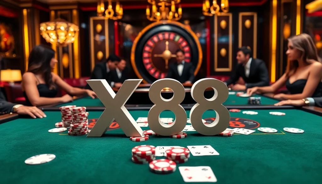 X88 gaming table with vibrant poker chips and players in a lively casino atmosphere.