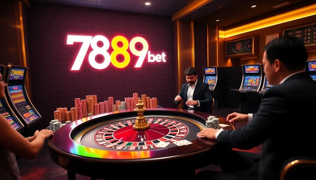 Players enjoying excitement at a luxurious 789bet casino with roulette and poker games.