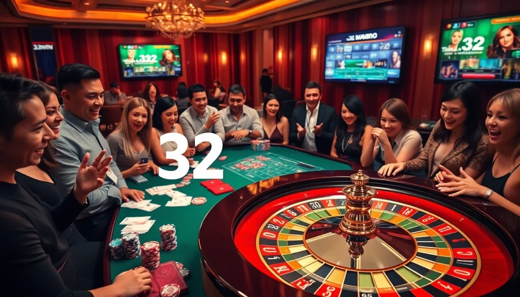 Experience thrilling action and luxury at the 32Win casino with vibrant gaming elements.