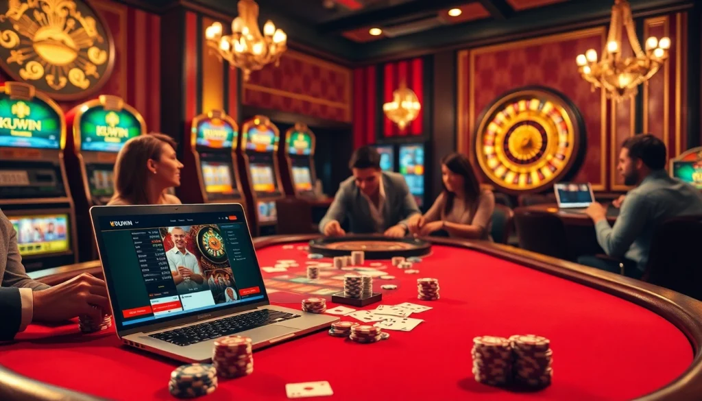 KUWIN players strategizing at a luxurious poker table, emphasizing the thrill of online gambling.