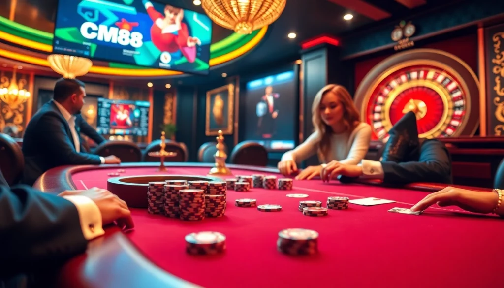 Engage in high-stakes poker and roulette action at a glamorous casino featuring cm88 betting options.