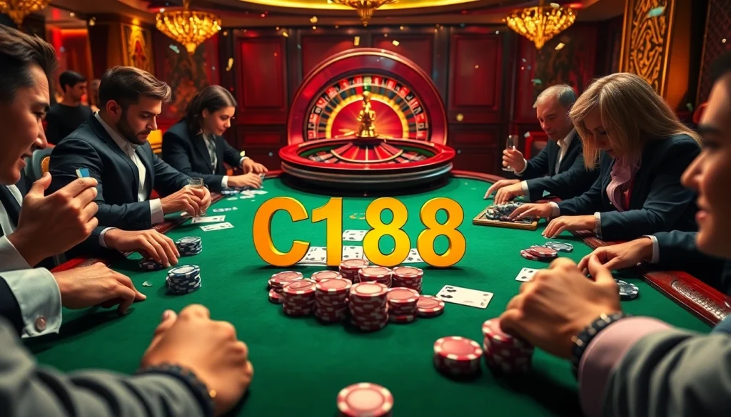 C168 poker players engaging in an intense game, showcasing vibrant chips and cards in a luxurious casino atmosphere.