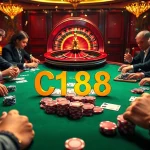 C168 poker players engaging in an intense game, showcasing vibrant chips and cards in a luxurious casino atmosphere.