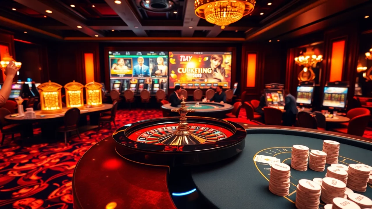 Experience the thrill of gambling with Luckywin at a vibrant casino featuring poker tables and roulette.