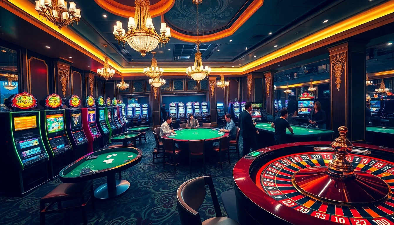 I9BET gamblers enjoying high-stakes card games and vibrant slot machines in a luxurious casino setting.